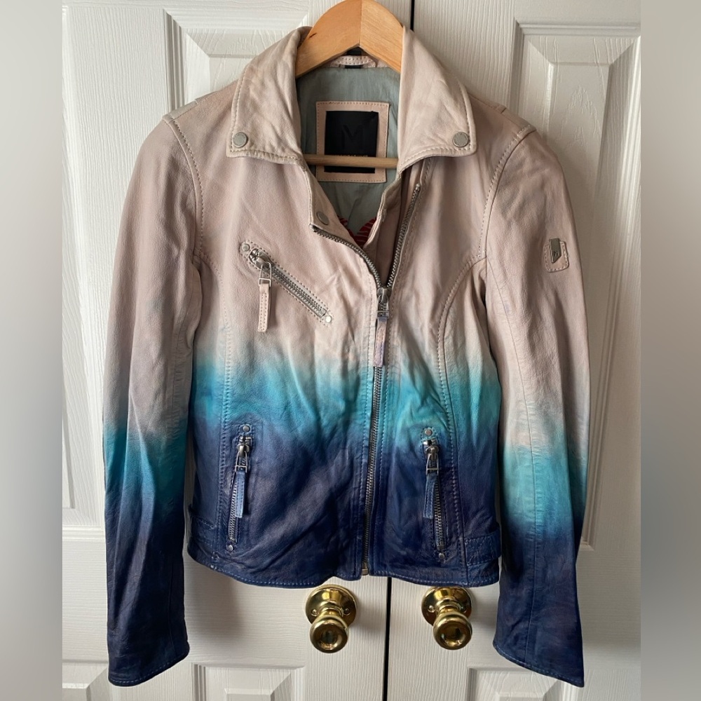 M MAURITIUS Blue Ombré Dip-Dyed 100% Lamb Leather Moto Biker Jacket XS